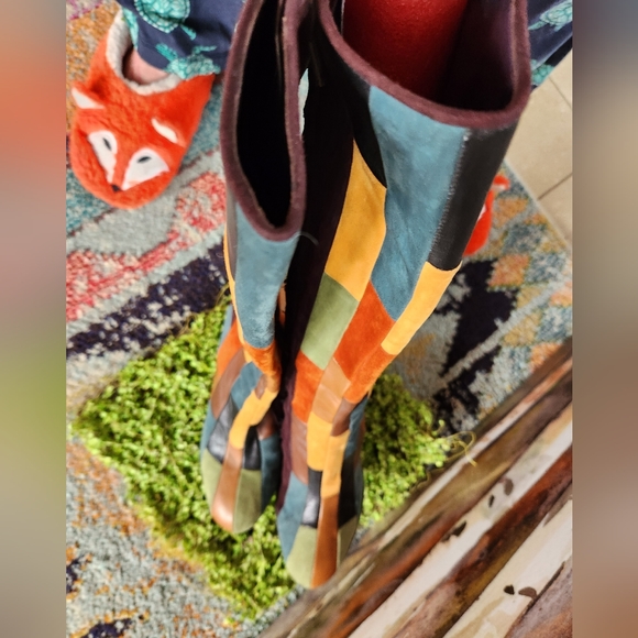 ANNA SUI RARE Patchwork  Leather Olive Brown Rust Teal Zip Heels Boots 40 - Picture 16 of 16